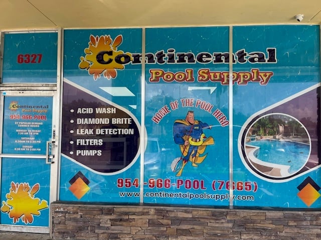 Continental Pool Supply storefront with blue signage, phone number 954-564-POOL, and services listed including acid wash, diamond brite, leak detection, filters, and pumps